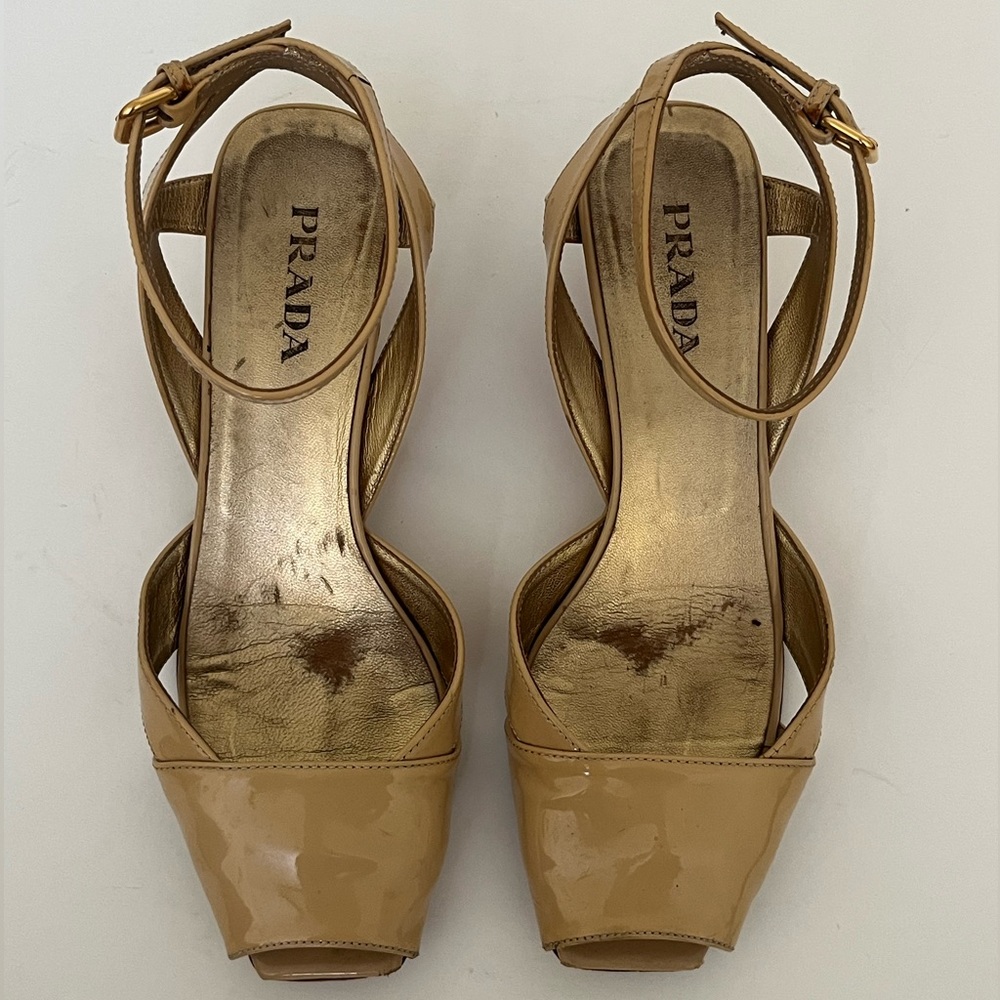 Prada tan kitten wedge heels